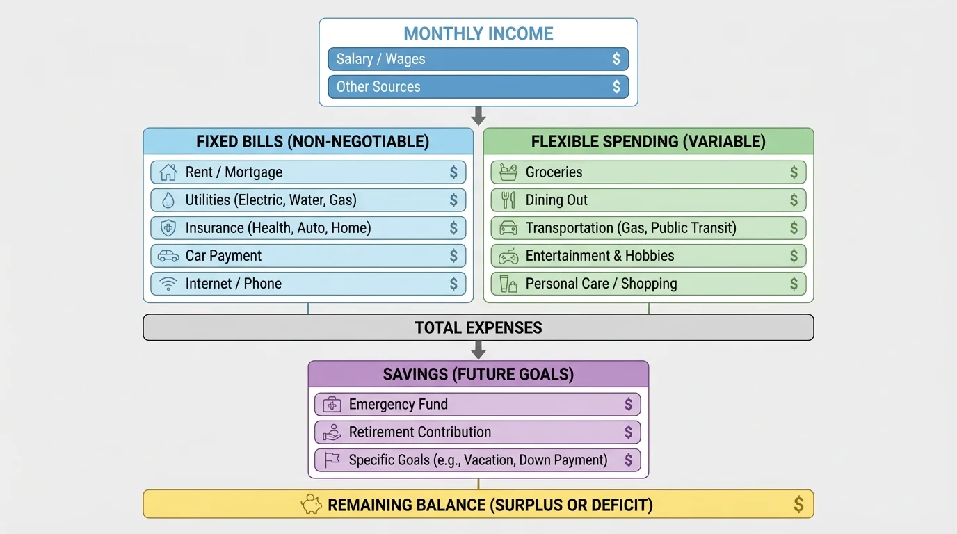 Monthly budget chart with income at top, fixed bills, flexible spending, savings, and remaining balance