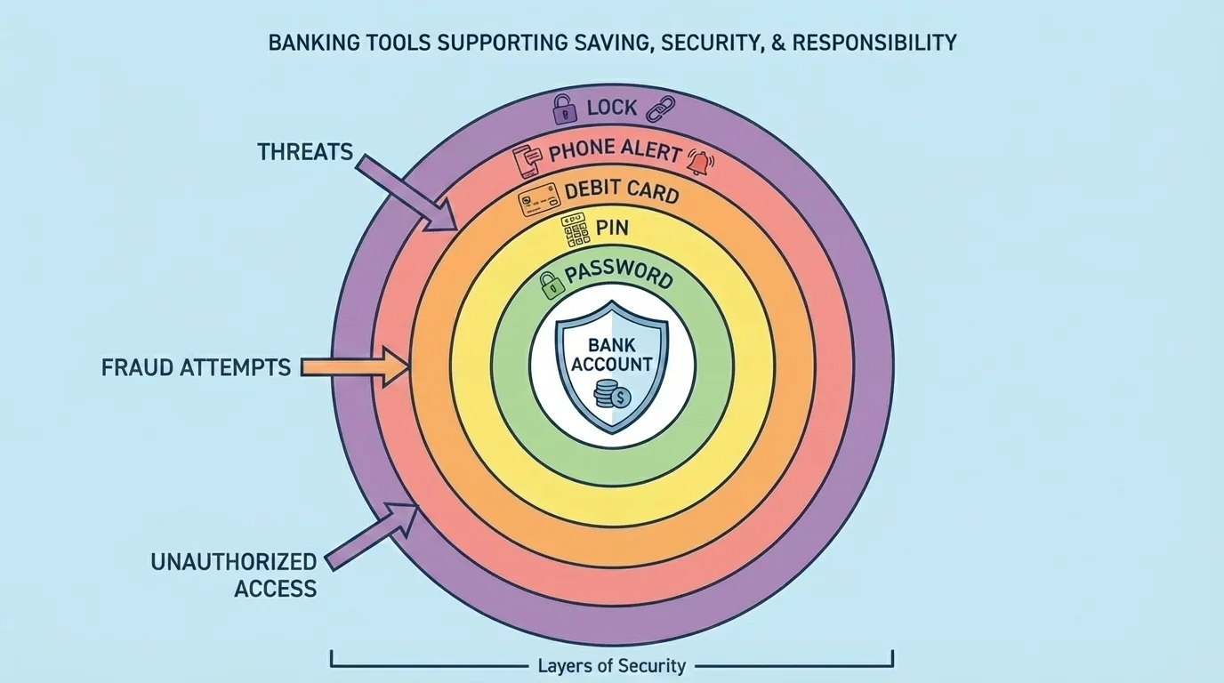 diagram of a bank account protected by password, PIN, debit card, phone alert, and lock icons showing layers of security