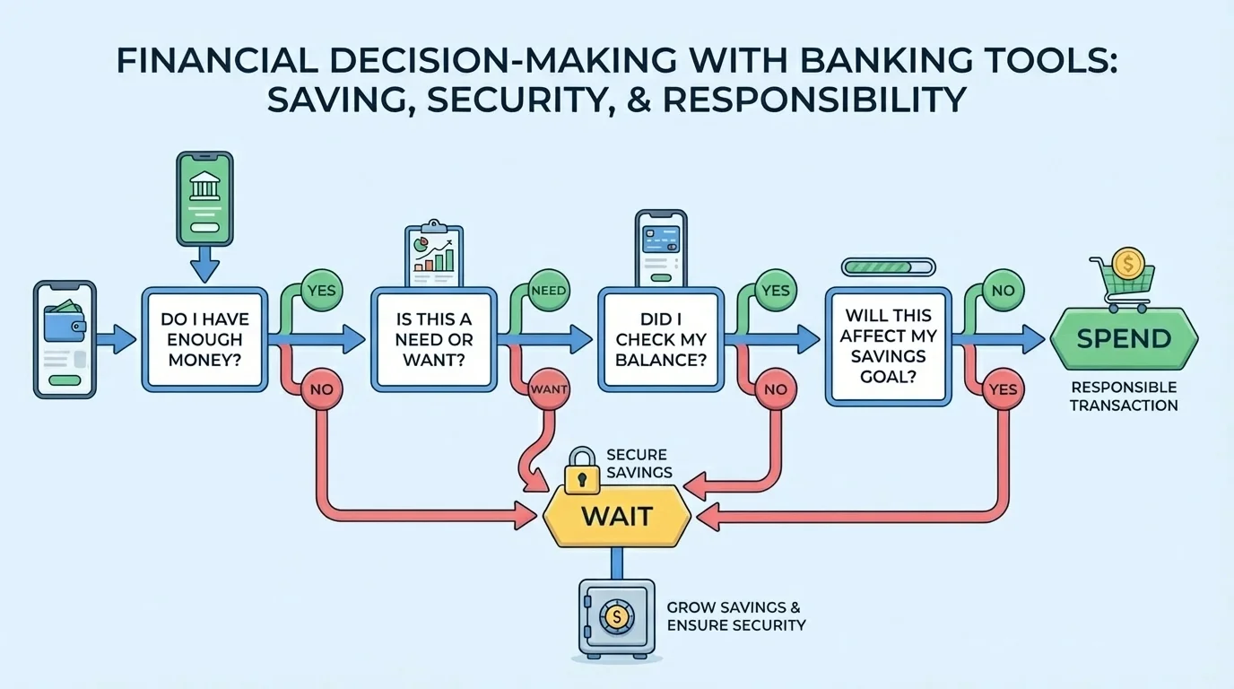 flowchart asking Do I have enough money, Is this a need or want, Did I check my balance, Will this affect my savings goal, and then Spend or Wait