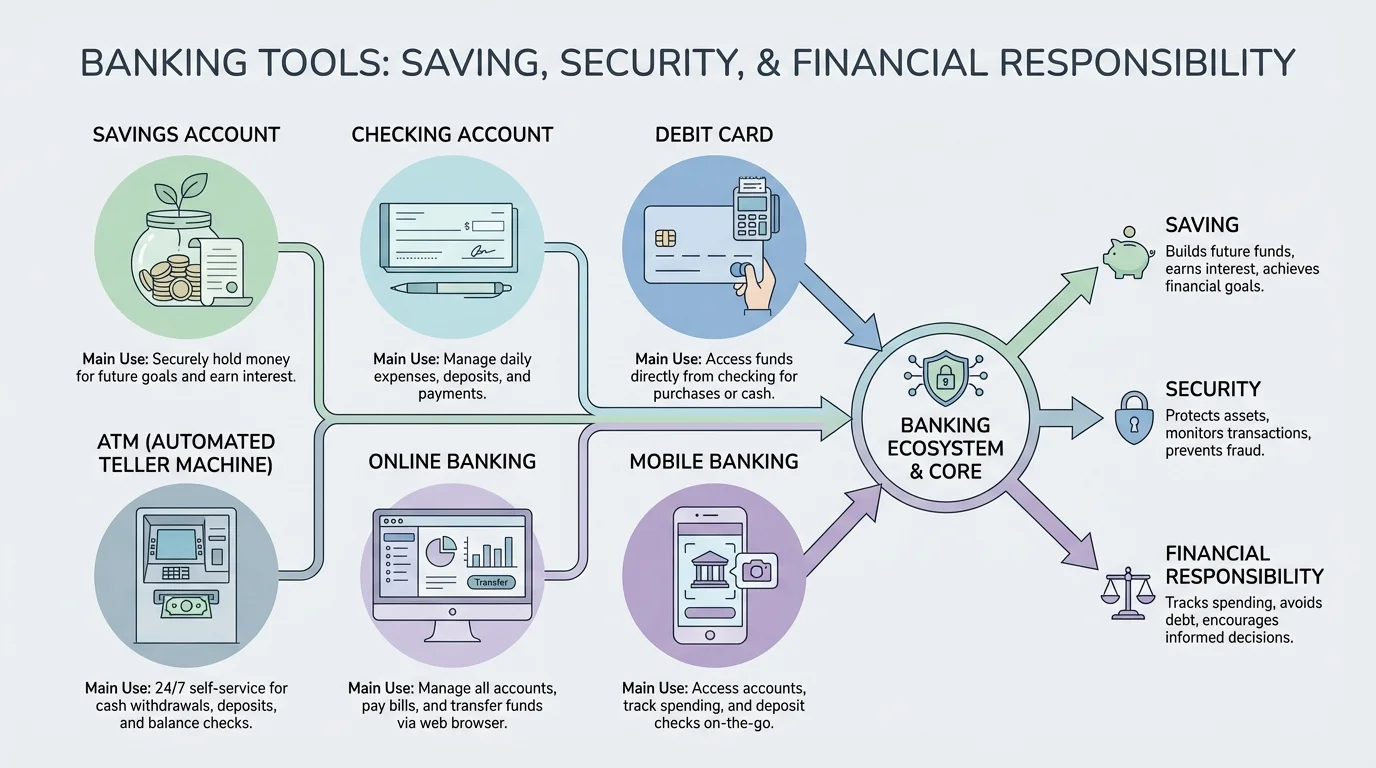 chart showing savings account, checking account, debit card, ATM, online banking, and mobile banking with a short note about the main use of each tool