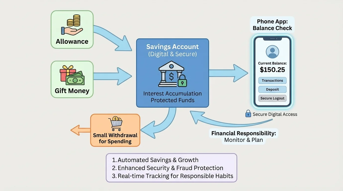 flowchart showing allowance and gift money moving into a savings account, one small withdrawal for spending, and a phone screen checking the updated balance