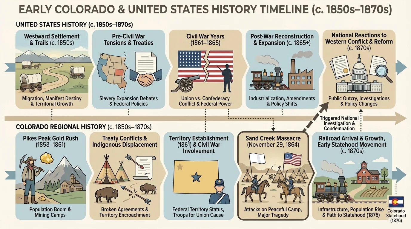 Short timeline with westward settlement, treaty conflicts, Civil War years, Sand Creek Massacre, and national reaction