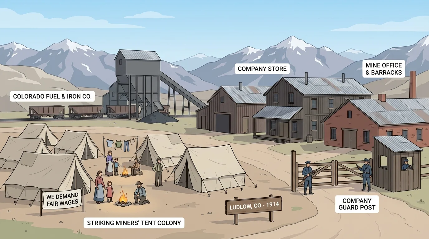 Illustration of a Colorado coal mining camp with miners' tents, company buildings, guards, and families during the 1914 strike