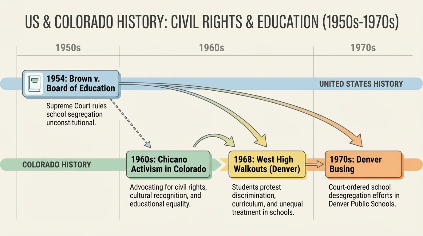 Timeline showing 1954 Brown v. Board, 1960s Chicano activism in Colorado, 1968 West High walkouts, and 1970s Denver busing