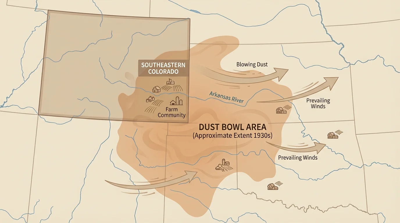 Map of the southern Great Plains showing the Dust Bowl area, southeastern Colorado, blowing dust arrows, and farm communities