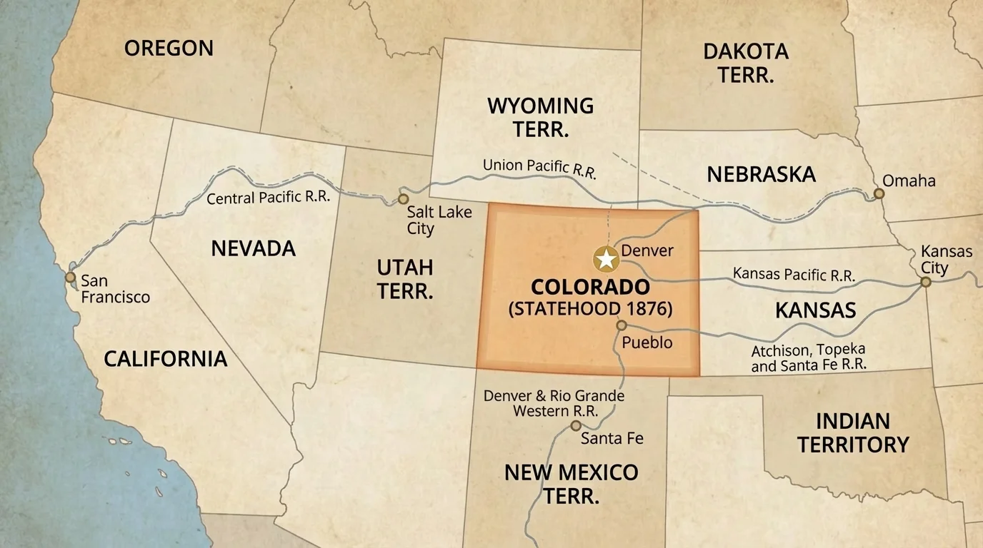 Map of the United States in the 1800s highlighting Colorado Territory, nearby states and territories, major railroad lines, and a marker for 1876 statehood