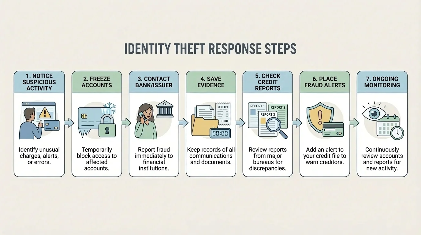 identity theft response steps from noticing suspicious activity to freezing accounts, contacting bank, saving evidence, checking credit reports, placing fraud alerts, and ongoing monitoring