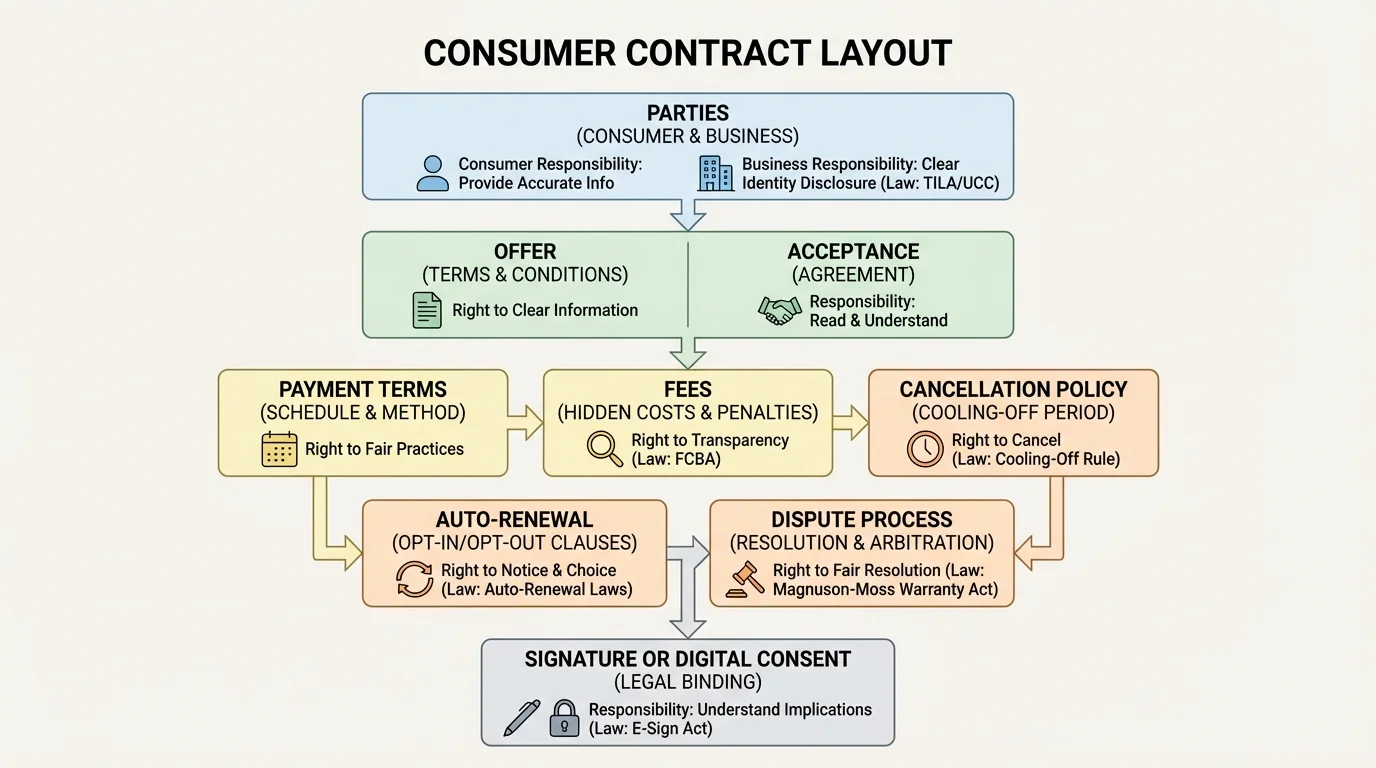 consumer contract layout with boxes for parties, offer, acceptance, payment terms, fees, cancellation policy, auto-renewal, dispute process, and signature or digital consent