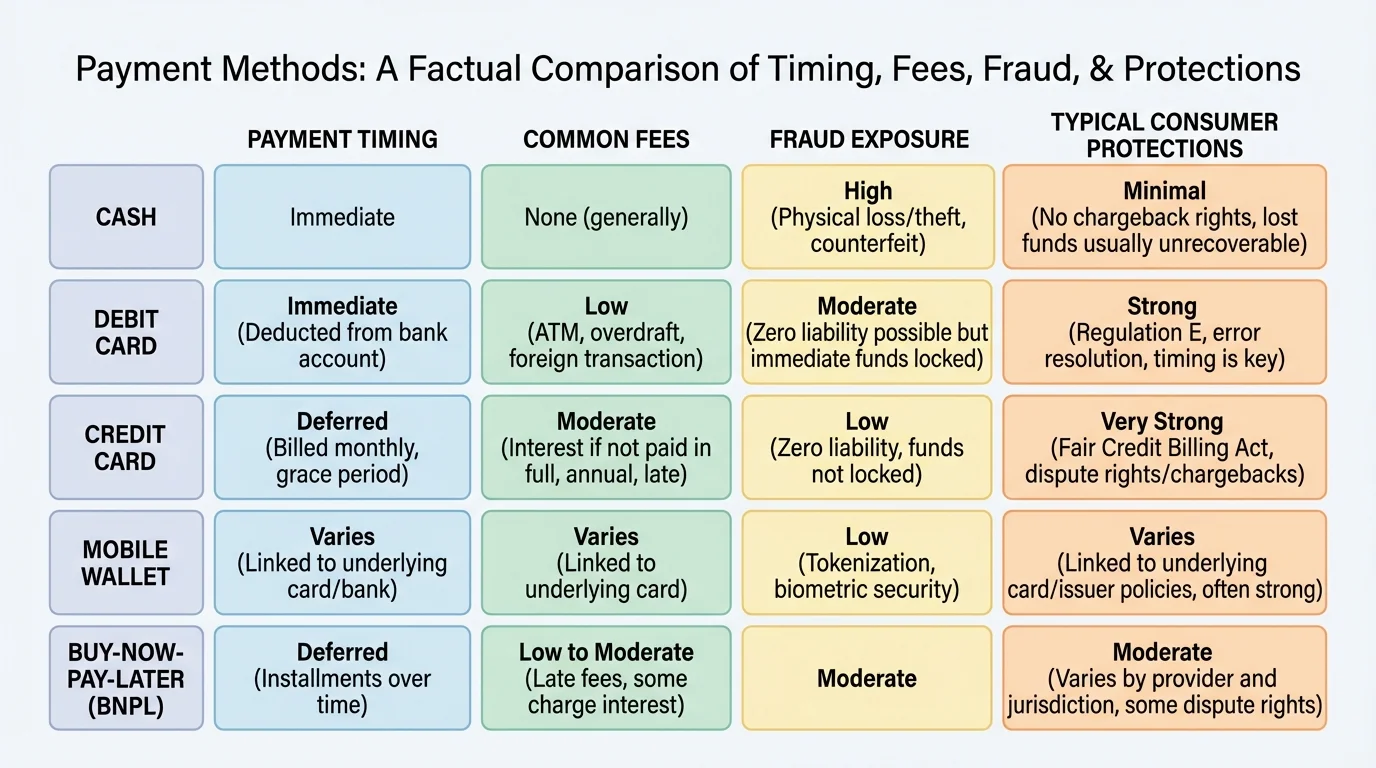 comparison chart for cash, debit card, credit card, mobile wallet, and buy-now-pay-later with columns for payment timing, common fees, fraud exposure, and typical consumer protections