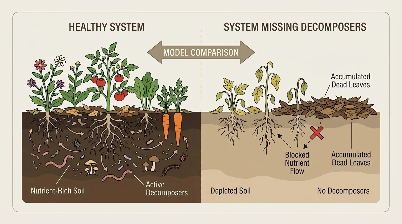 Side-by-side garden illustration showing one healthy system and one with dead leaves piling up because decomposers are missing