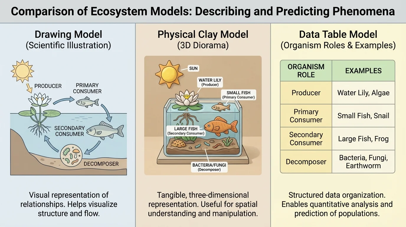 Comparison chart of three model types: drawing, clay physical model, and table of organism roles in an ecosystem