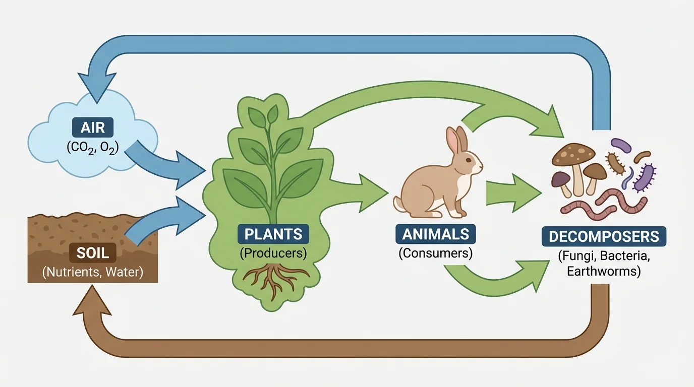 Flowchart showing matter moving from air and soil to plants, to animals, to decomposers, and back to soil and air