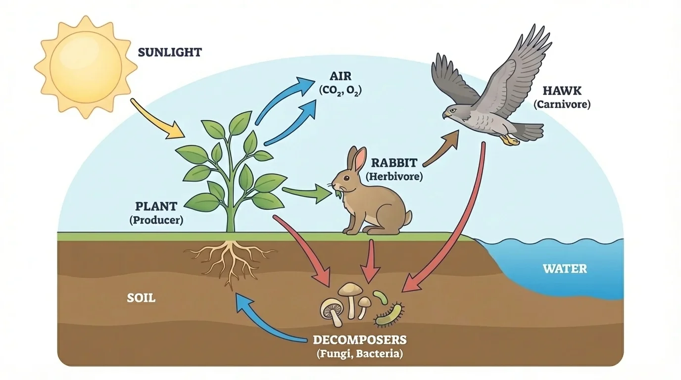 Labeled ecosystem scene showing plant, rabbit, hawk, decomposers, sunlight, water, air, and soil with arrows for matter movement