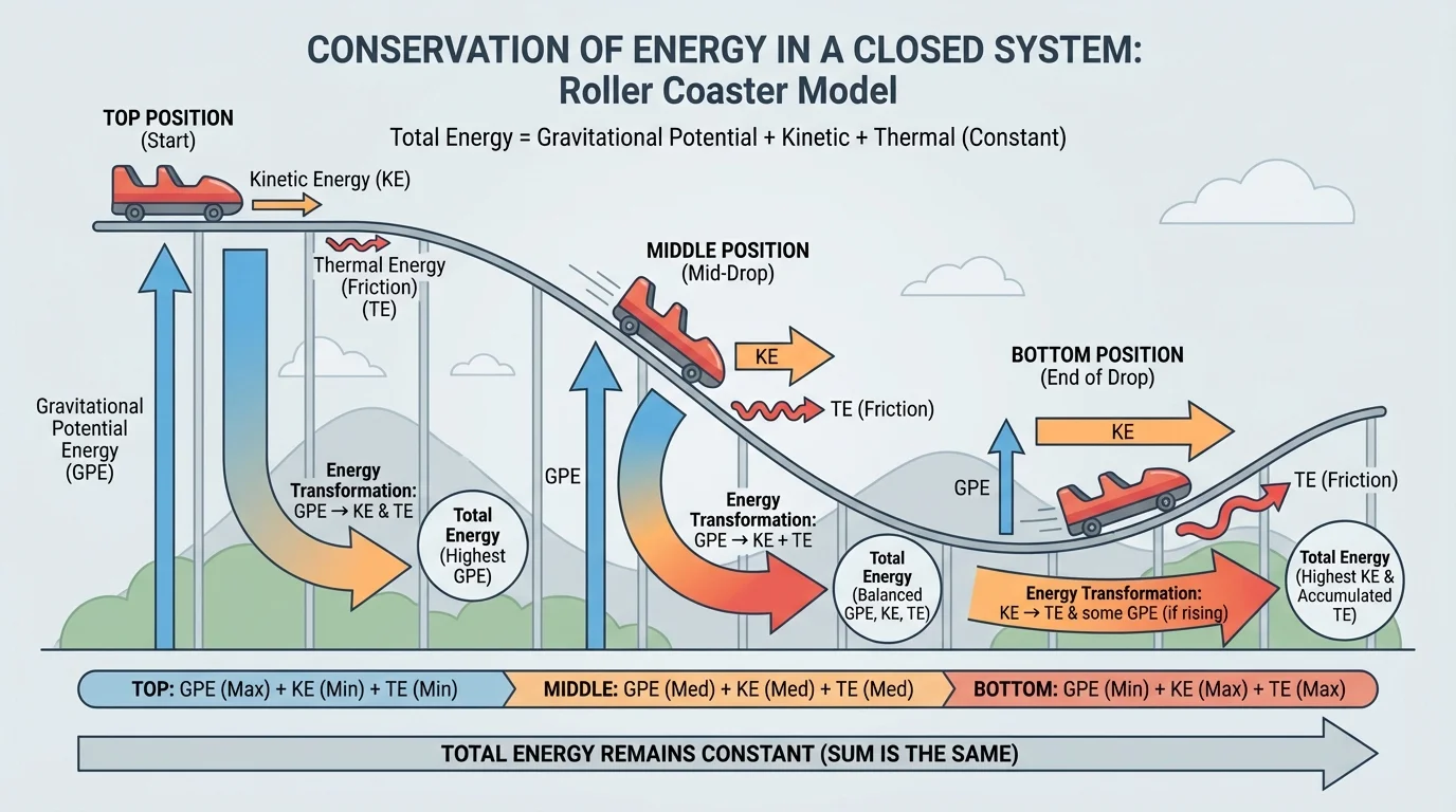Roller coaster at top, middle, and bottom positions with arrows indicating changes between gravitational potential energy, kinetic energy, and thermal energy from friction