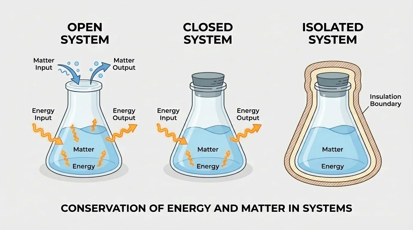 Three side-by-side containers labeled open, closed, and isolated, with arrows showing matter and energy transfer across boundaries