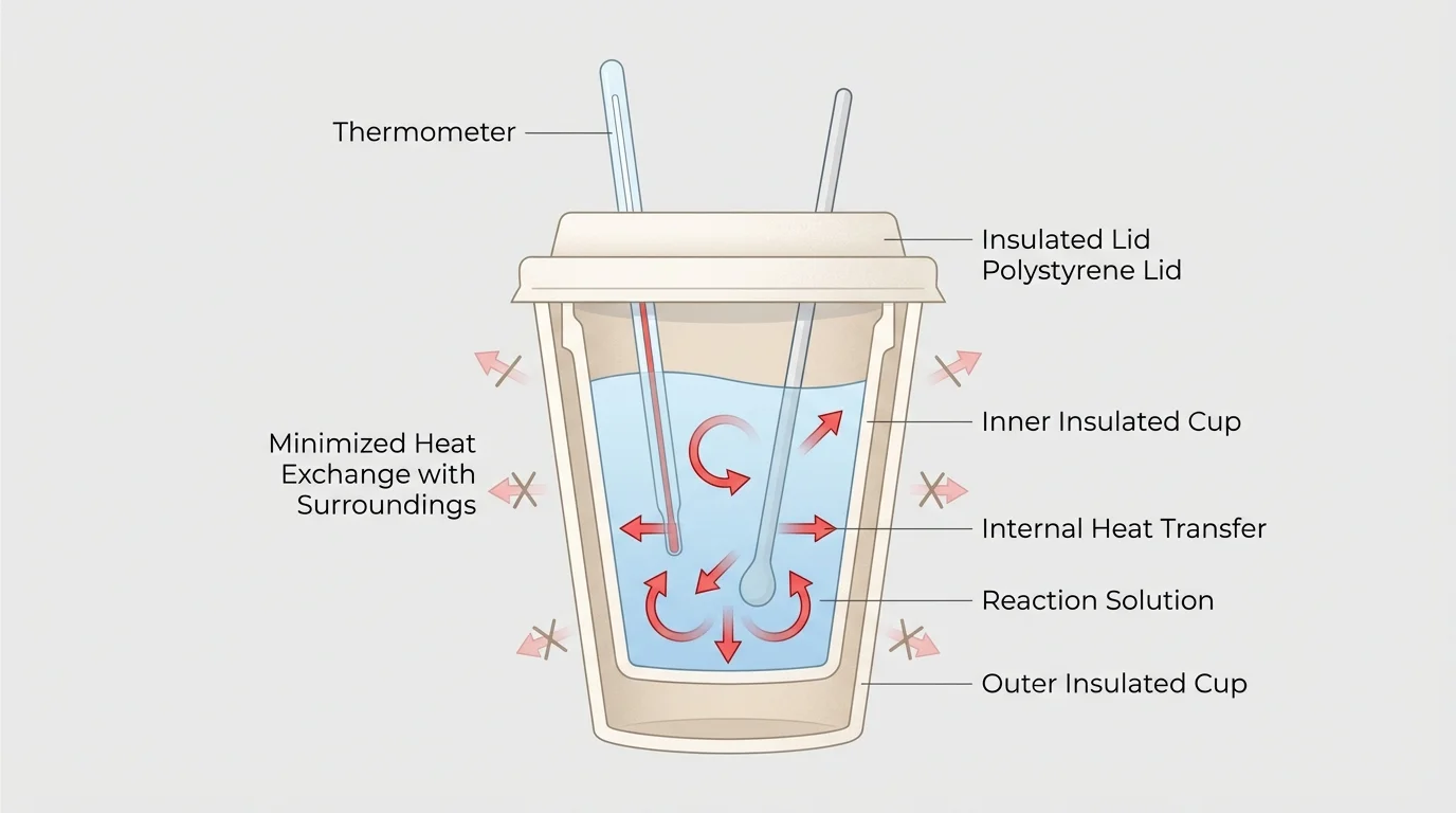 Coffee-cup calorimeter with insulated cup, lid, thermometer, reaction solution, and arrows showing heat transfer within the apparatus and minimized exchange with surroundings
