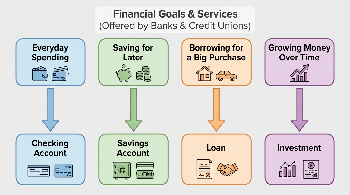 flowchart matching financial goals such as everyday spending, saving for later, borrowing for a big purchase, and growing money over time to checking account, savings account, loan, and investment