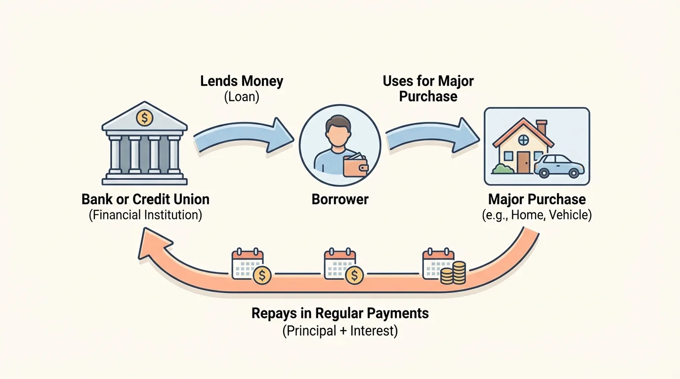 flowchart showing bank or credit union lends money to borrower, borrower uses money for a major purchase, then repays in regular payments with interest