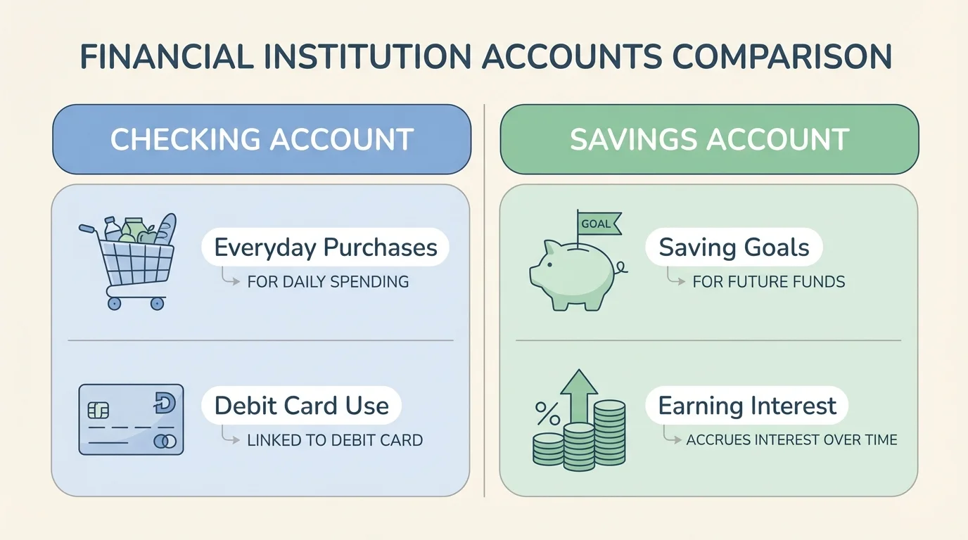 chart comparing checking account and savings account with simple labels for everyday purchases, debit card use, saving goals, and earning interest