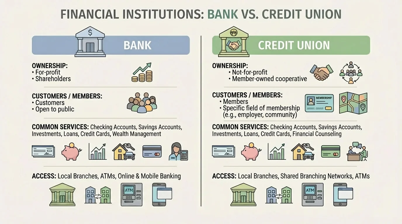 comparison chart showing a bank and a credit union with short labels for ownership, customers or members, common services, and local branches or online access