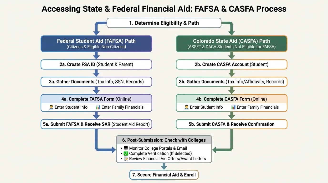 Flowchart of CASFA steps including account setup, entering student and family information, submitting the application, and checking with colleges for next steps