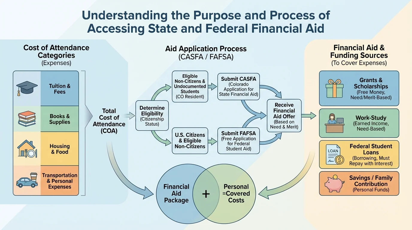 Chart showing cost of attendance categories such as tuition, fees, books, housing, food, transportation, and how grants, scholarships, work-study, savings, and loans can cover them