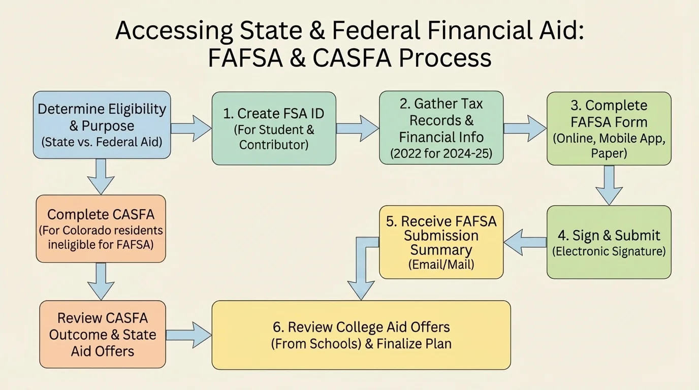 Flowchart of FAFSA steps from creating an FSA ID, gathering tax records, completing the form, submitting, receiving the FAFSA Submission Summary, and reviewing college aid offers