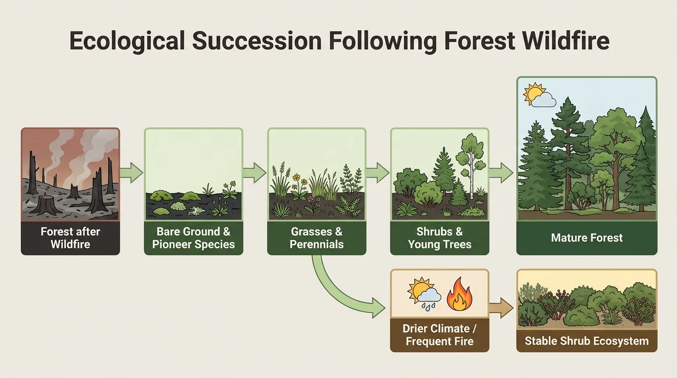 Flowchart showing a forest after wildfire progressing through bare ground, grasses, shrubs, young trees, and mature forest, with an alternate branch toward a different stable shrub ecosystem under a drier climate