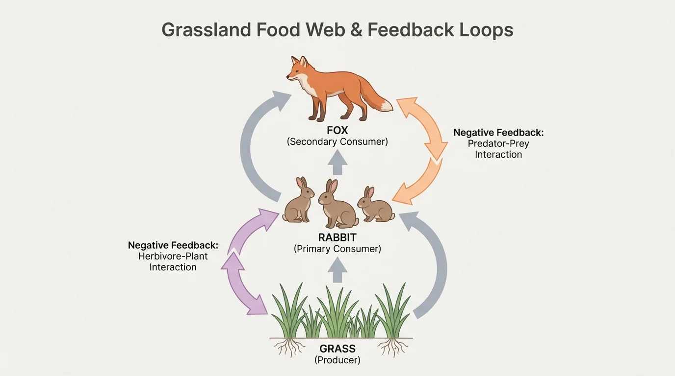 Diagram of a grassland food web showing grass, rabbits, foxes, and arrows for feeding relationships plus feedback loops that stabilize population sizes