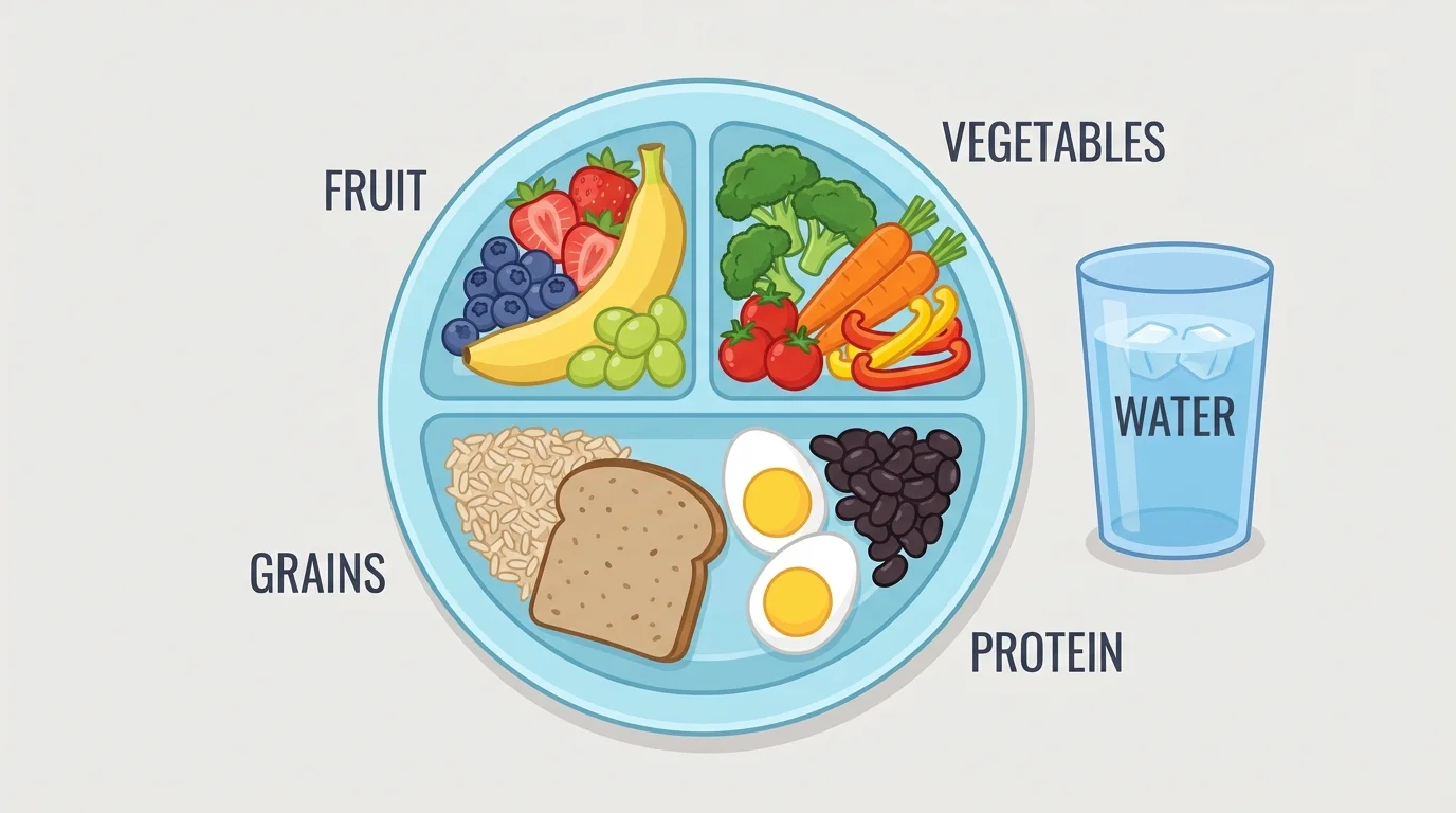 child-friendly plate with colorful fruit, vegetables, grains like rice or bread, protein like eggs or beans, and a cup of water