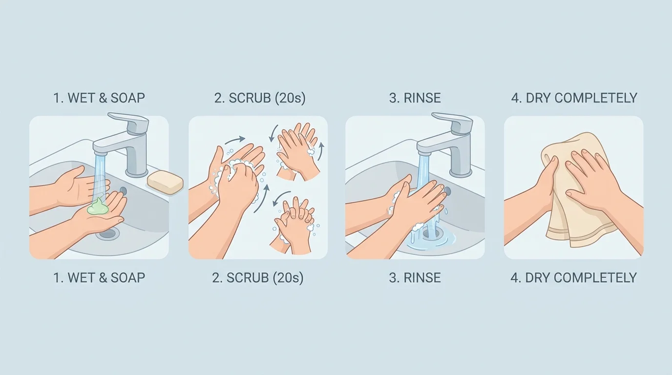 child washing hands with soap at a sink, rubbing palms, backs of hands, between fingers, rinsing, and drying with a towel