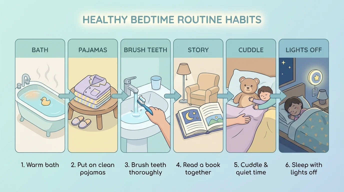 child bedtime routine with bath, pajamas, teeth brushing, story, cuddle, and lights off in clear order