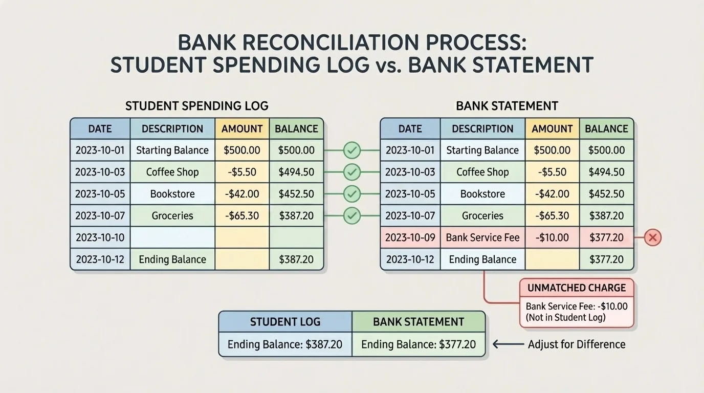 Bank reconciliation diagram comparing a student spending log with a bank statement, highlighting matched transactions and one unmatched charge