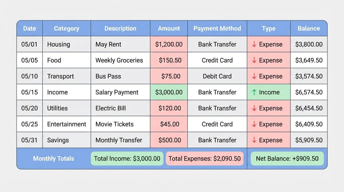 Transaction tracking chart for one month showing income and expenses by date, category, amount, payment method, and monthly totals