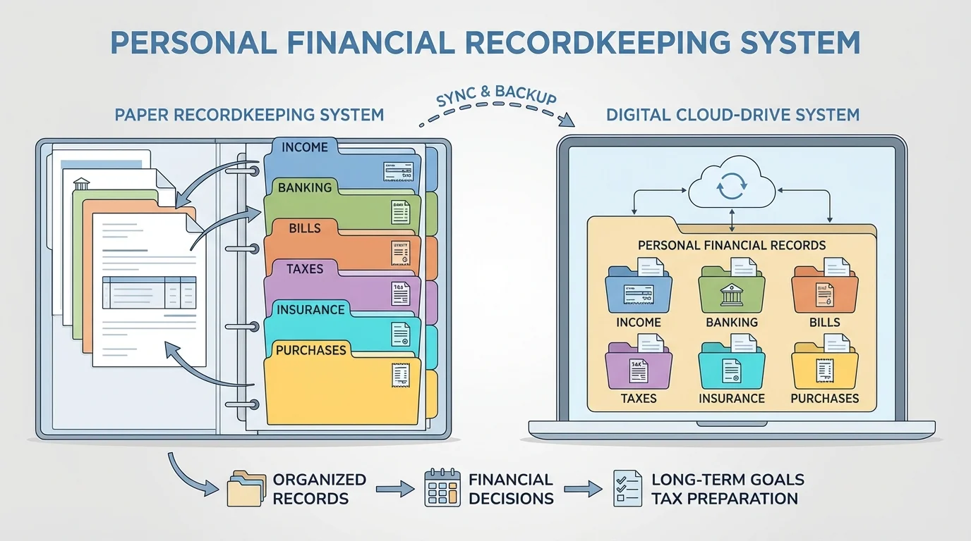 Personal financial recordkeeping system with folders for income, banking, bills, taxes, insurance, and purchases, shown in both paper binder and digital cloud-drive format