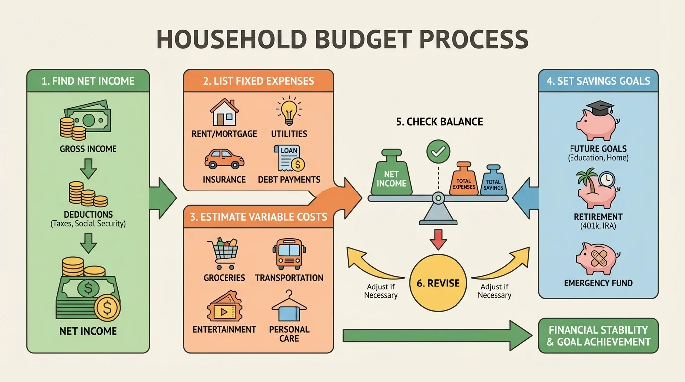 budget process with steps find net income, list fixed expenses, estimate variable costs, set savings goals, check balance, revise