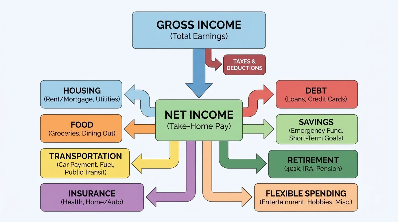 household budget categories divided into housing, food, transportation, insurance, debt, savings, retirement, and flexible spending