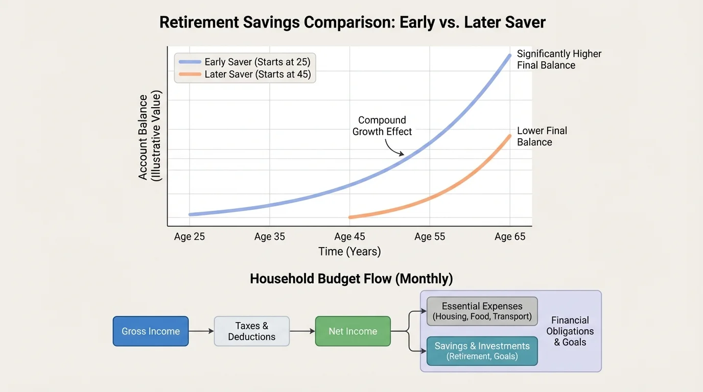 comparison graph of early retirement saver and later retirement saver, with the early saver reaching a higher final balance over time