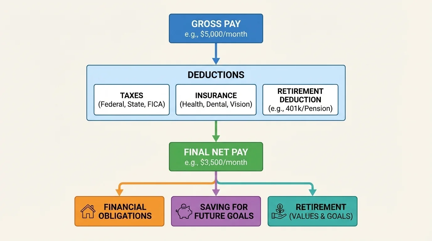 paycheck breakdown showing gross pay, taxes, insurance, retirement deduction, and final net pay