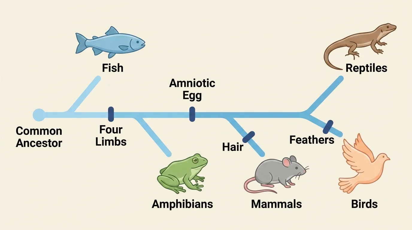 Simple cladogram with fish, amphibian, reptile, bird, and mammal branches labeled with derived traits such as four limbs, amniotic egg, feathers, and hair