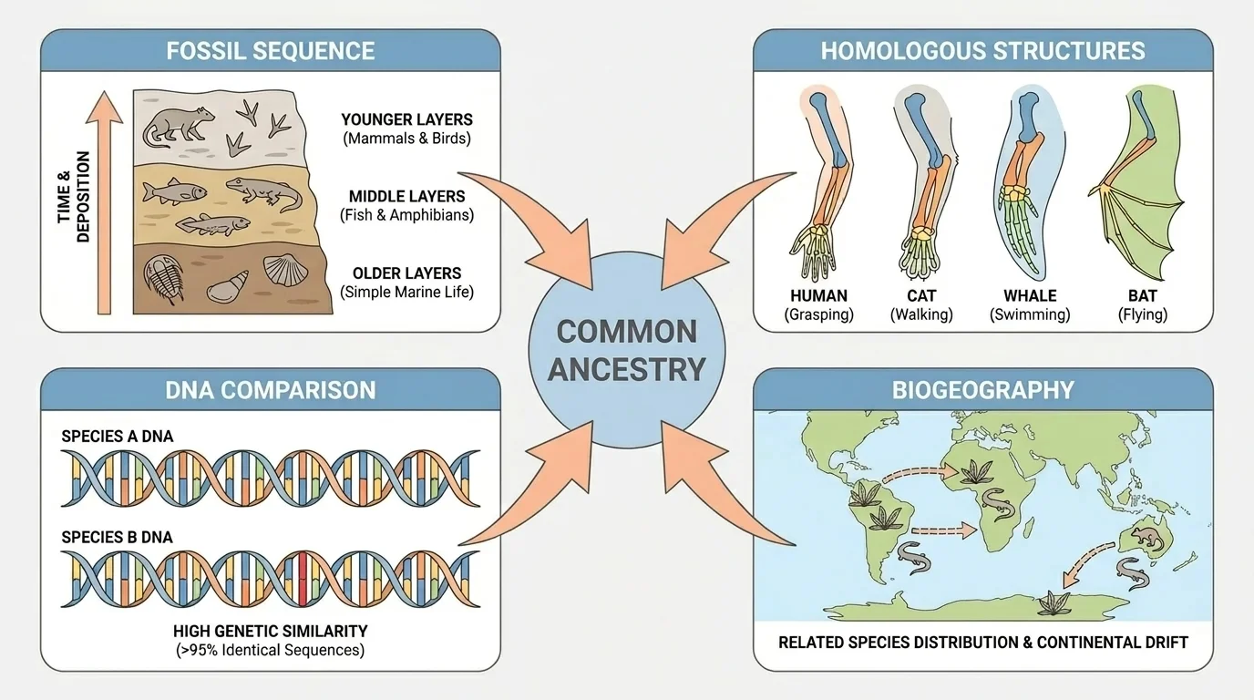Multi-evidence diagram with fossil sequence, homologous vertebrate forelimbs, DNA strand comparison, and simple world species distribution arrows all pointing to a central circle labeled common ancestry