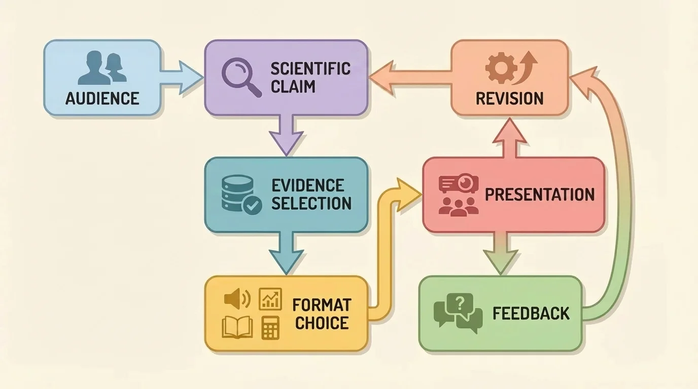 Communication workflow with boxes for audience, scientific claim, evidence selection, format choice, presentation, feedback, and revision connected by arrows