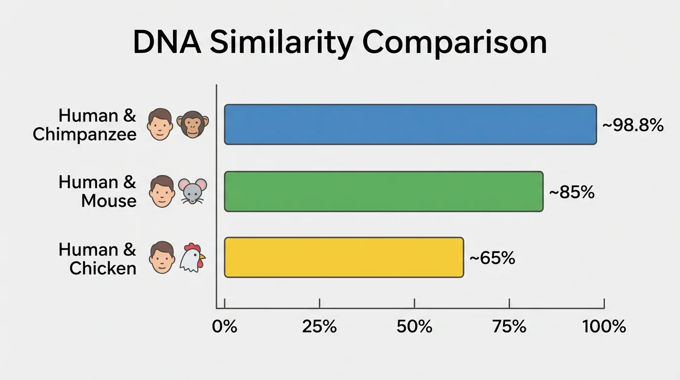 Comparison chart with species human, chimpanzee, mouse, and chicken showing simple bars for DNA similarity percentages between selected pairs