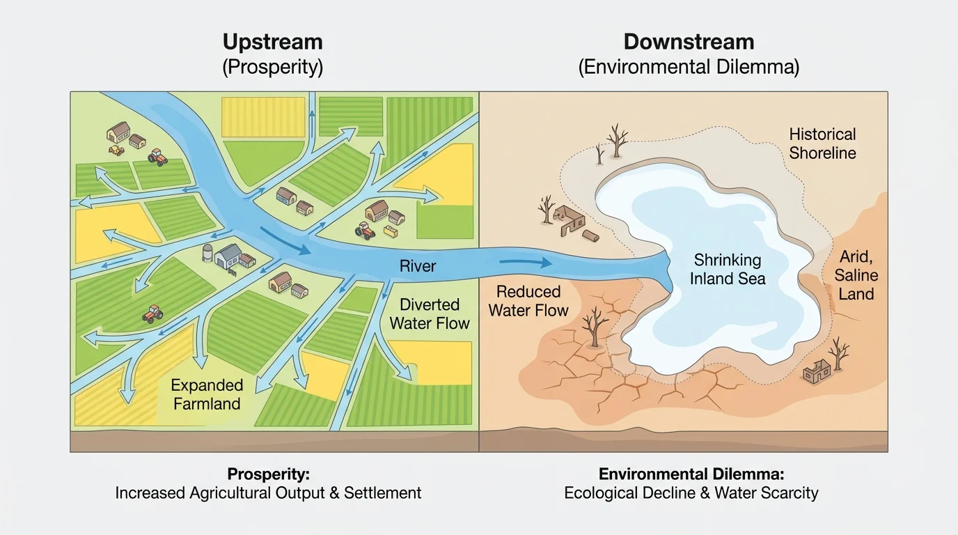 contrast map of a river basin showing upstream irrigation canals, expanded farmland, and a shrinking inland sea downstream