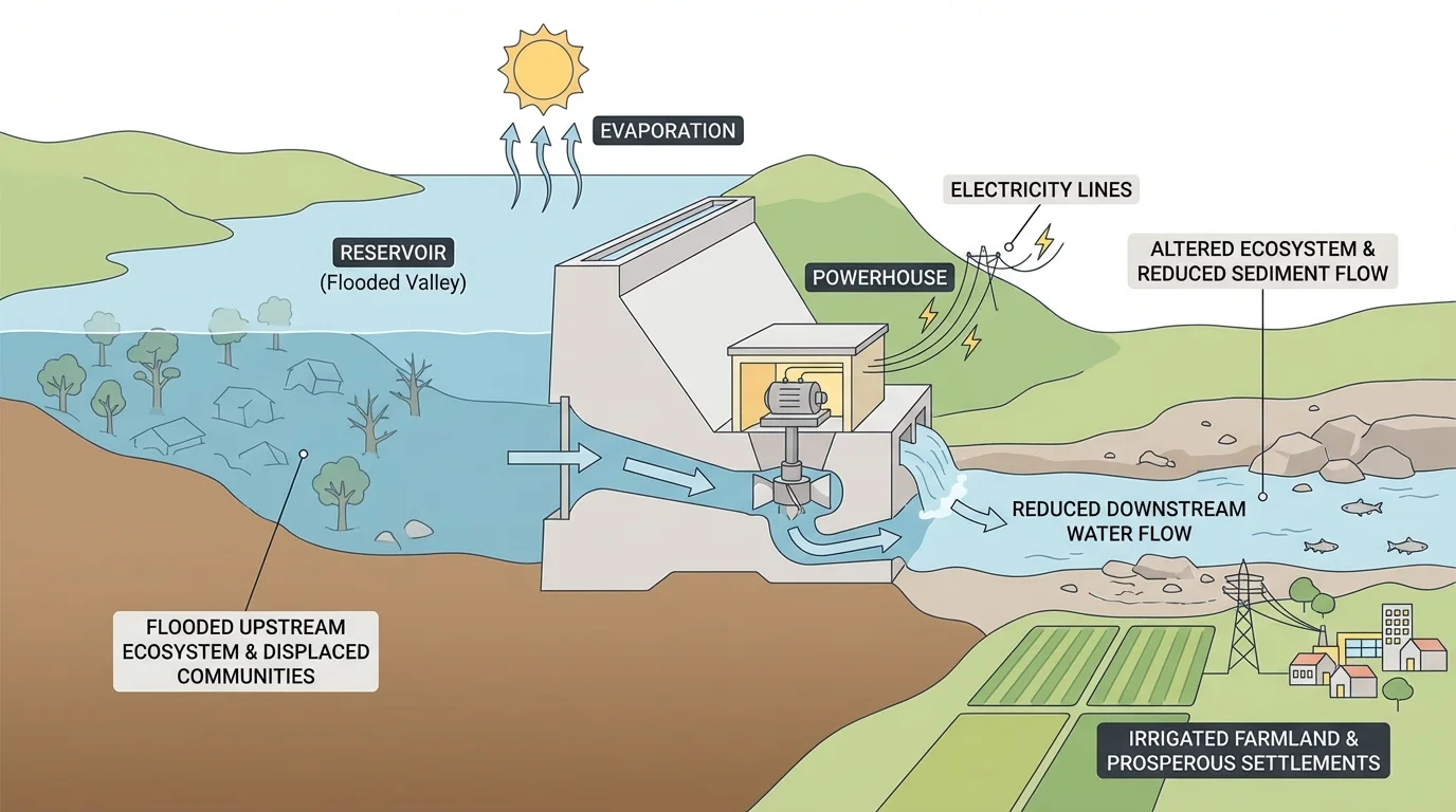 diagram of a river dam showing reservoir, turbines, electricity lines, flooded upstream valley, and reduced downstream sediment flow
