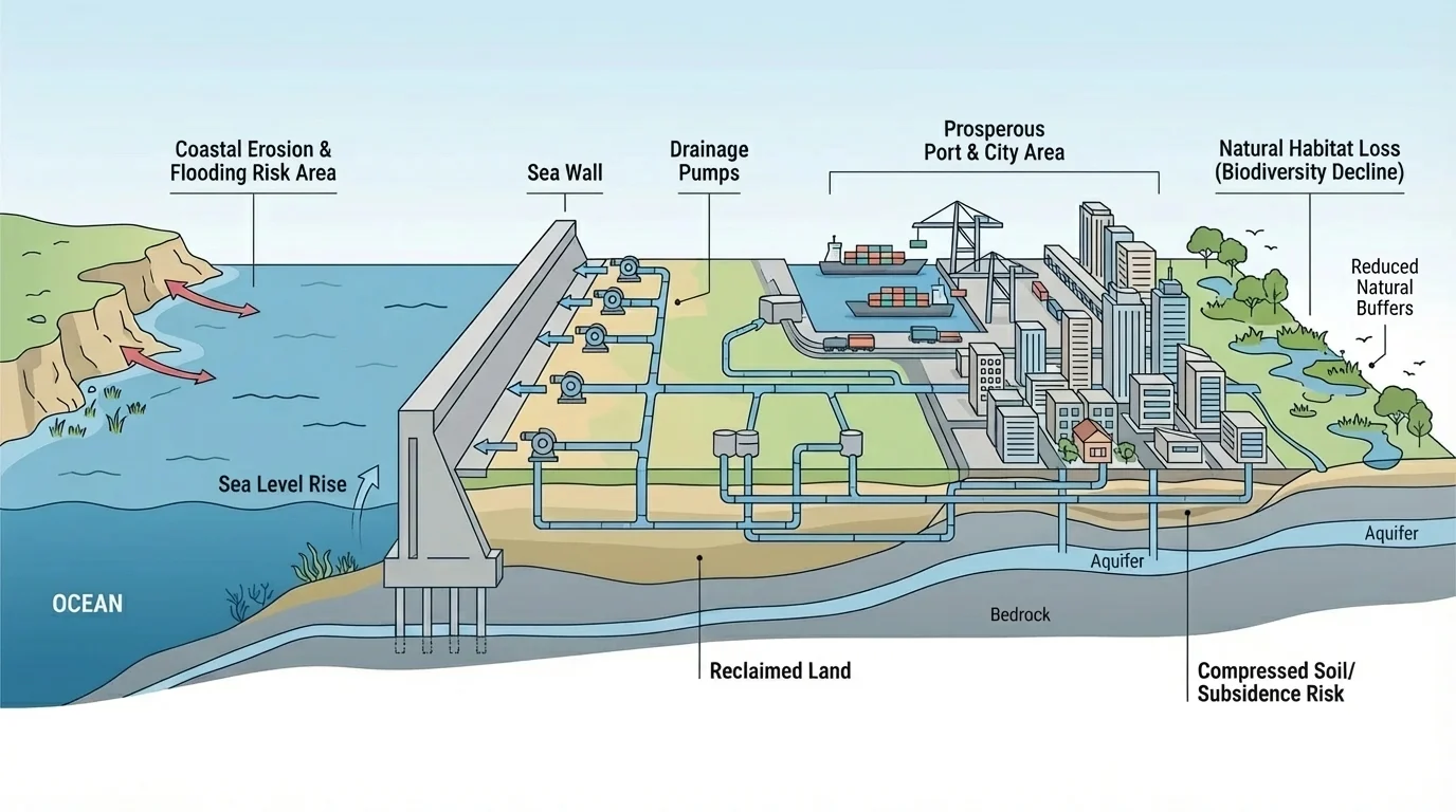 cross-section diagram of a coastal city with sea wall, reclaimed land, drainage pumps, and built-up port area