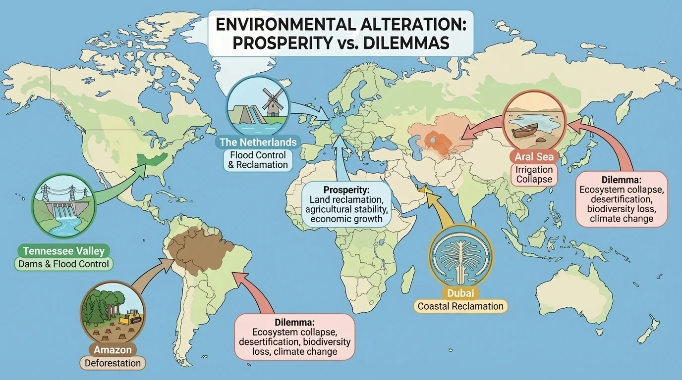 world map highlighting the Netherlands, Dubai, the Tennessee Valley, the Aral Sea, and the Amazon with small icons for flood control, reclamation, dams, irrigation collapse, and deforestation