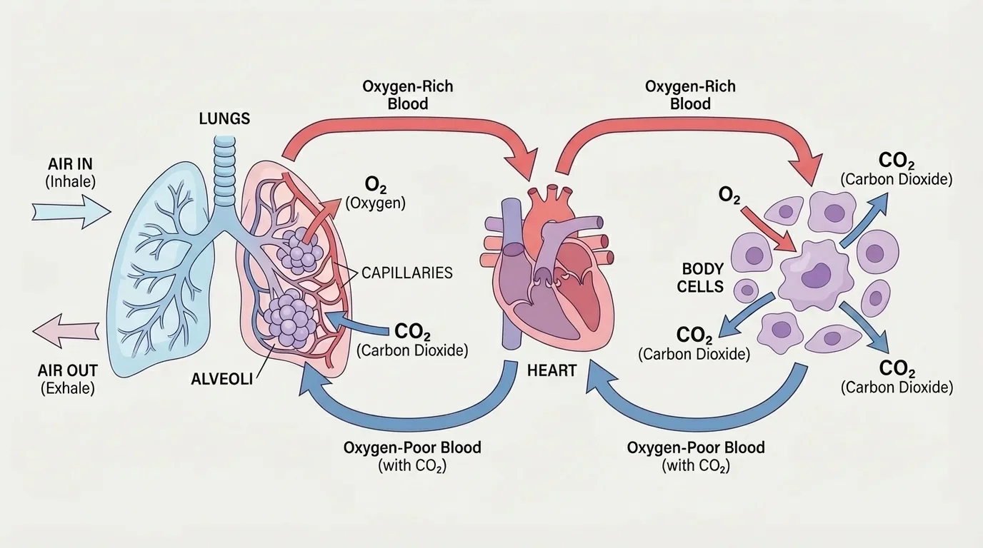 Flowchart showing air entering lungs, oxygen diffusing into blood at alveoli, heart pumping oxygen-rich blood to body cells, and carbon dioxide returning to lungs