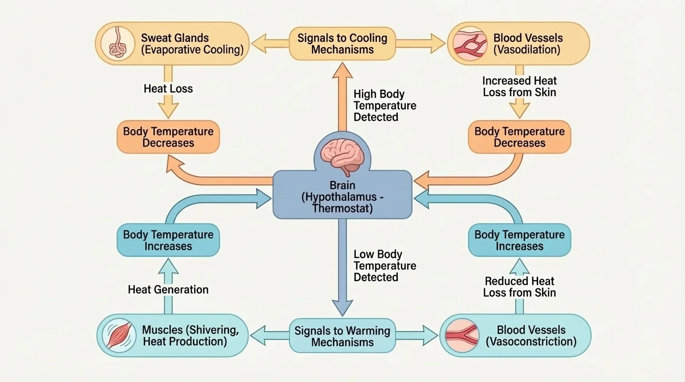 Flowchart showing body temperature change detected by brain, signals to sweat glands and blood vessels when hot, and signals to muscles for shivering when cold
