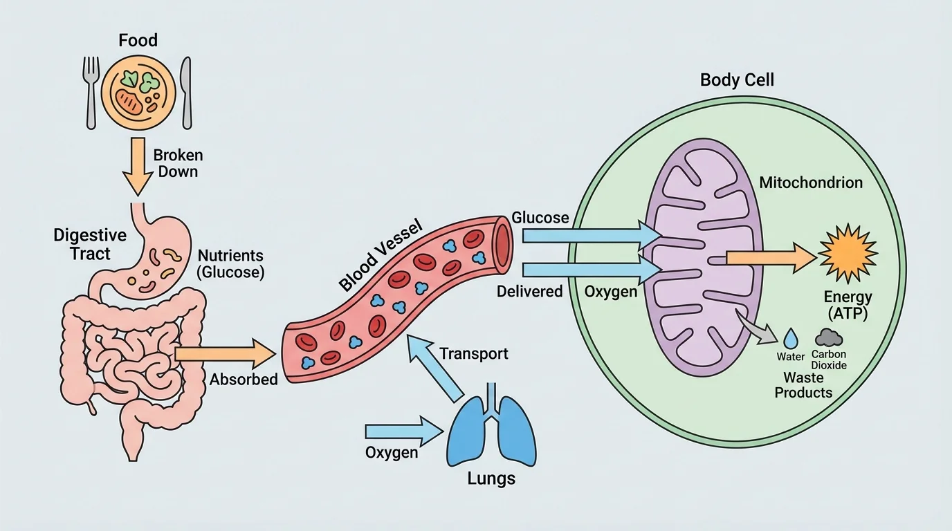 Flowchart showing food broken down in digestive tract, glucose absorbed in small intestine, transported by blood, and used by cells in mitochondria with oxygen to release energy